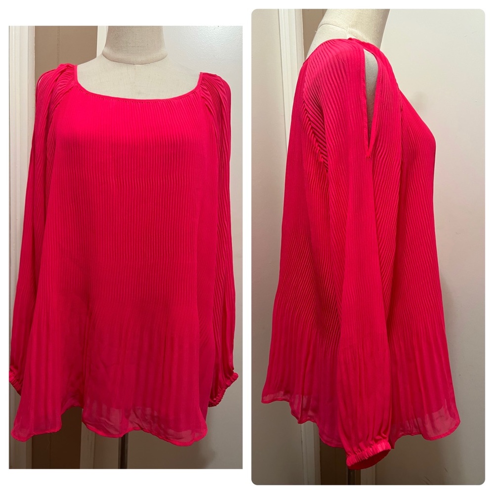 Susan Graver Hot Pink Top Pleated Cold Shoulder Blouse Size 16 Polyester Lined